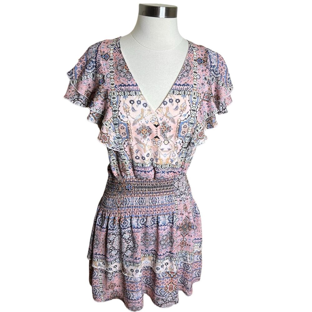 Parker Geometric Bird Print Dress Womens S Flutter Sleeve Smocked Waist